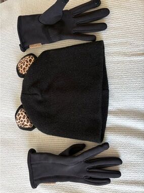 Black Knit Beanie with Leopard Ear Accents + Black Gloves